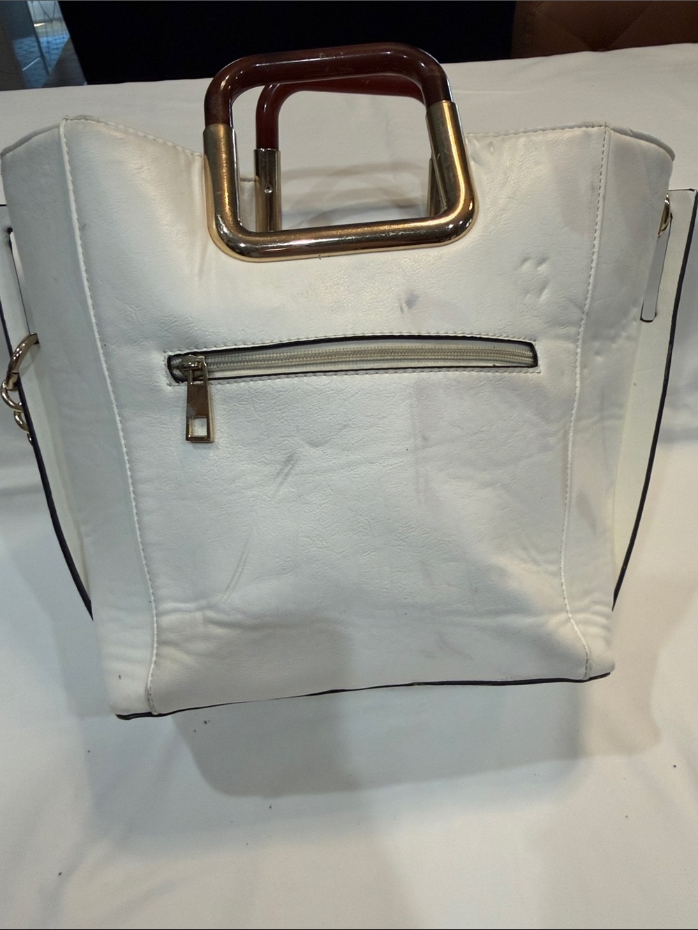 Michael Kors White Leather Tote with Gold Chain and Wood-Accent Handles - Picture 4 of 10